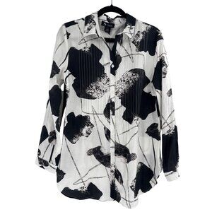 Alison Sheri Long Sleeve Button-Up Blouse S/P Black & White Abstract Print Polye